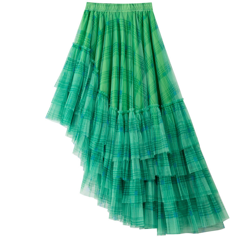 Elastic Waist Asymmetric Layer Gauze Skirt Front Short Back Long Fishtail Skirt