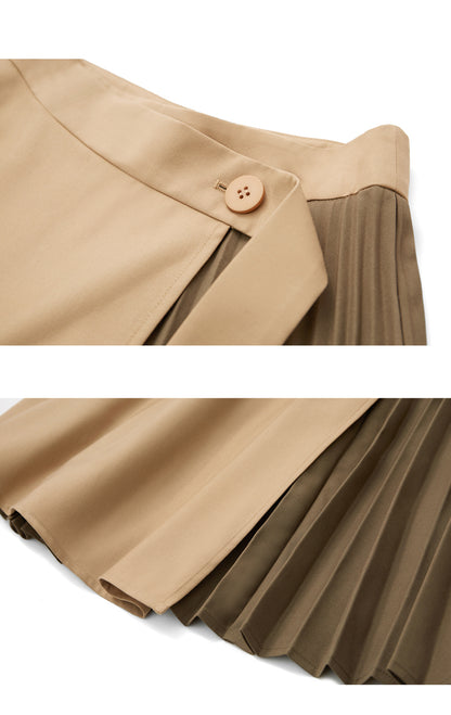 Women's Contrast Color Contrast Material Stitching Organ Pleated Mid-Length A-Line Skirt