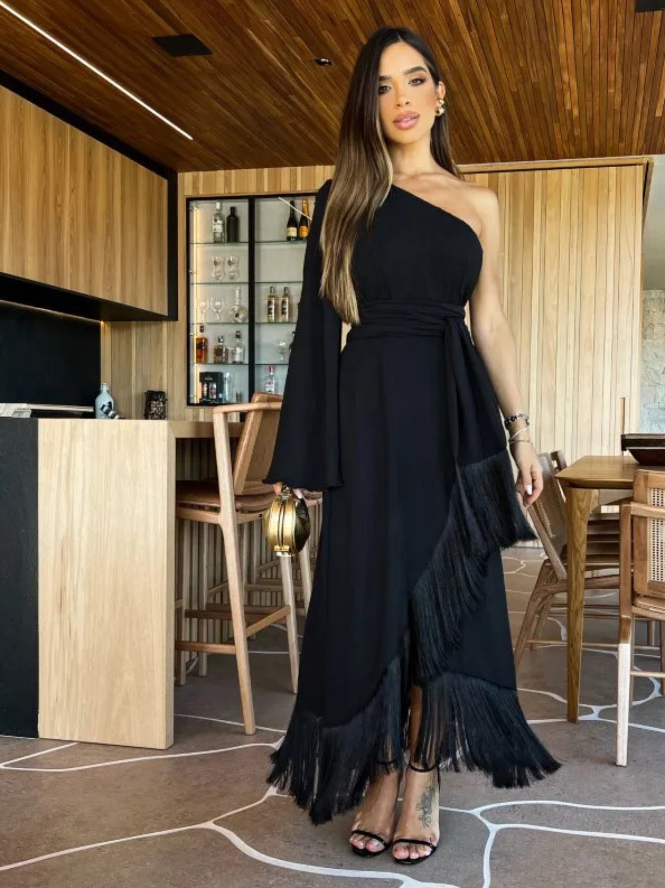 Women's Fashion Solid Color Shoulder Long Sleeve Off-the-shoulder Waist Tassel Dress