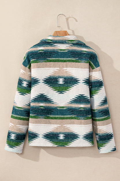 Blackish Green Aztec Print Button Up Long Sleeve Jacket