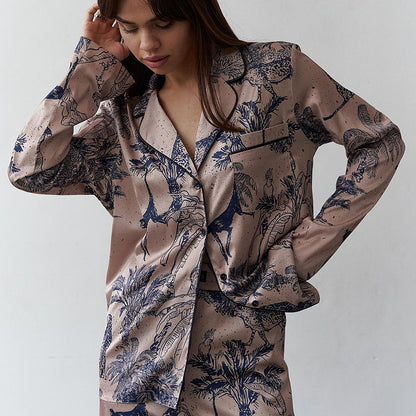 Women's Fashion Satin Printed Cardigan Pajamas Two-piece Set