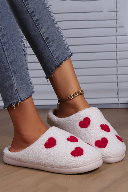 Pantuflas de casa de felpa con estampado de corazones blancos del día de San Valentín