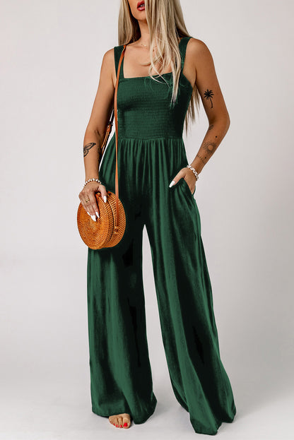 Black Smocked Sleeveless Wide Leg Jumpsuit with Pockets