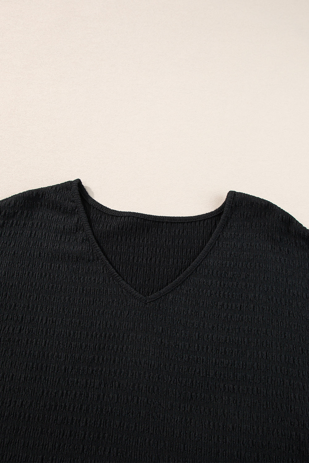 Black Textured Rolled Short Sleeve V Neck Tee