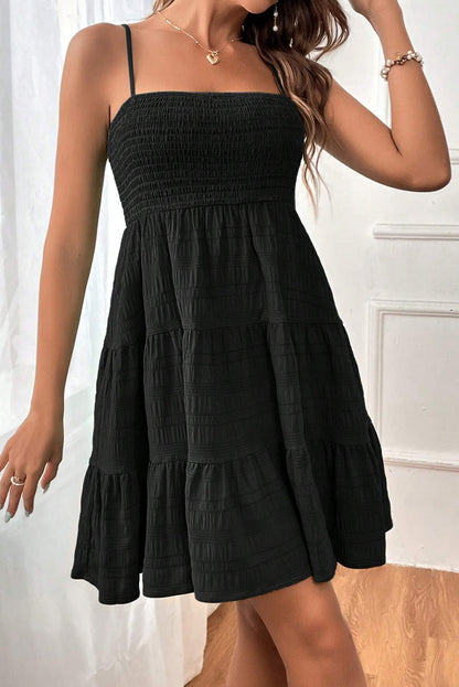 Black Smocked Textured Tiered Skater Dress