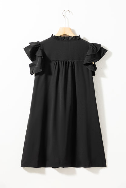 Black Ruffle Sleeve V Neck Frilled Shift Dress