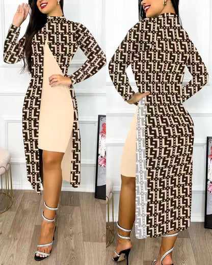 Traje de dos piezas con cuello alto estampado y manga larga para mujer