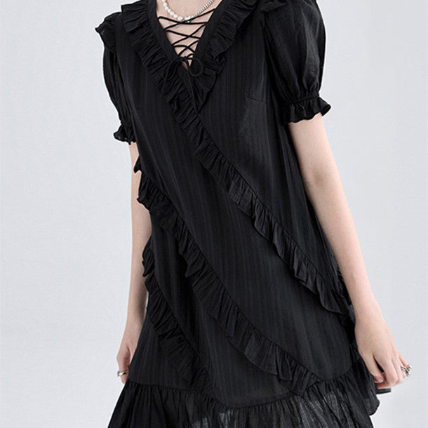 Design Sense Cross-tie Ruffled Little Black Dress