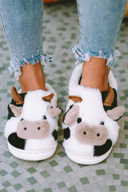 Pantuflas de felpa de vaca animal de dibujos animados blancos