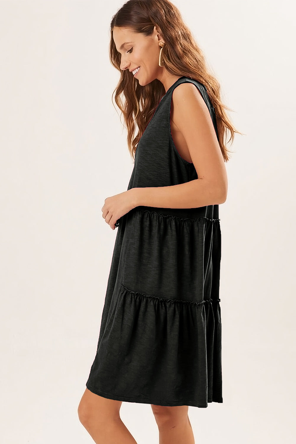 Black Split V Neck Tiered Flowy Sleeveless Dress