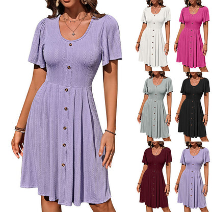 Women's Round Neck Button Stretch Casual Short Sleeve Dress