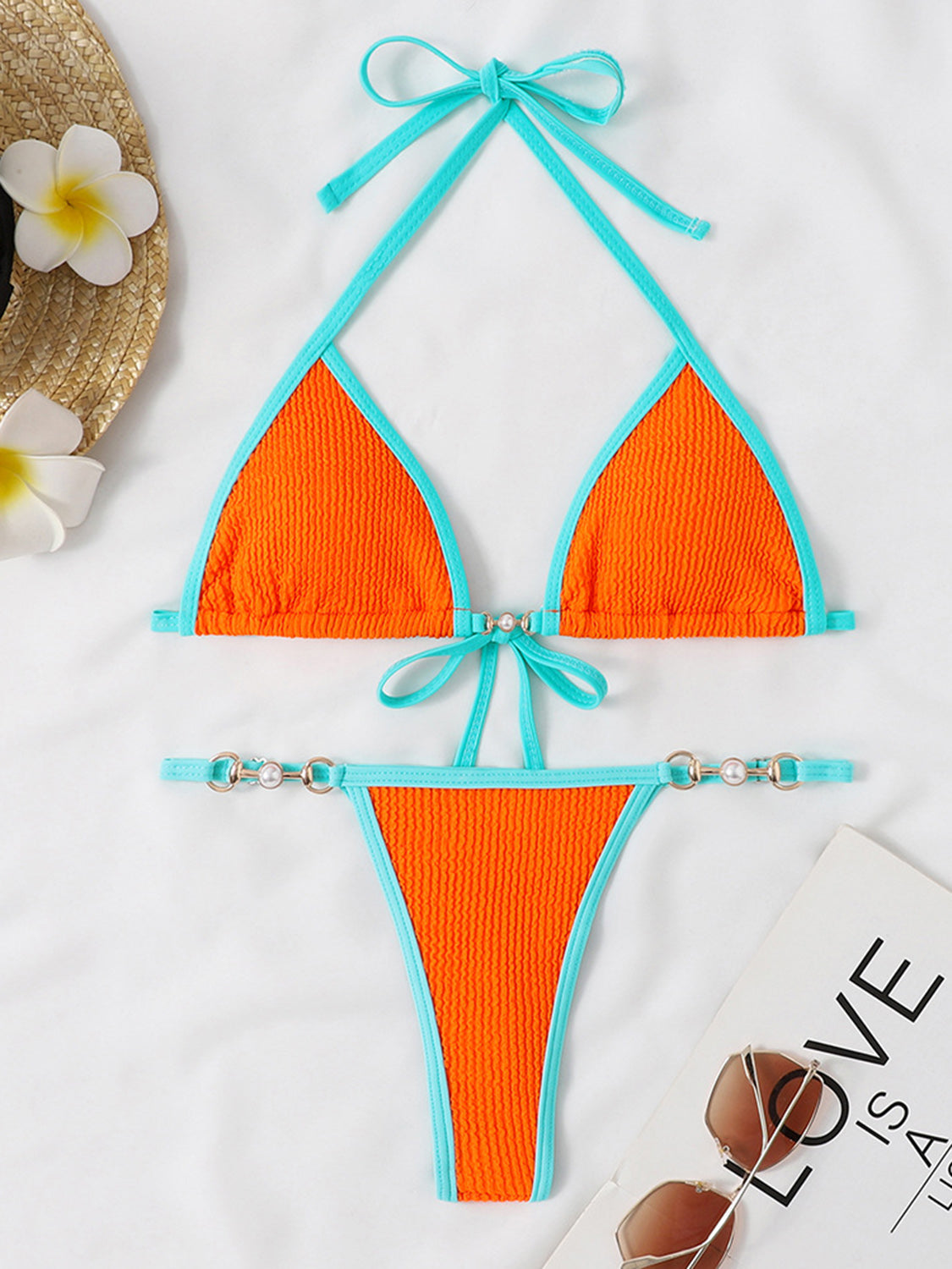 Conjunto de bikini de dos piezas con cuello halter en contraste texturizado