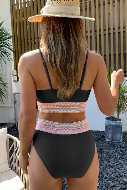 Maillot de bain bikini taille haute à rayures noires et bretelles spaghetti