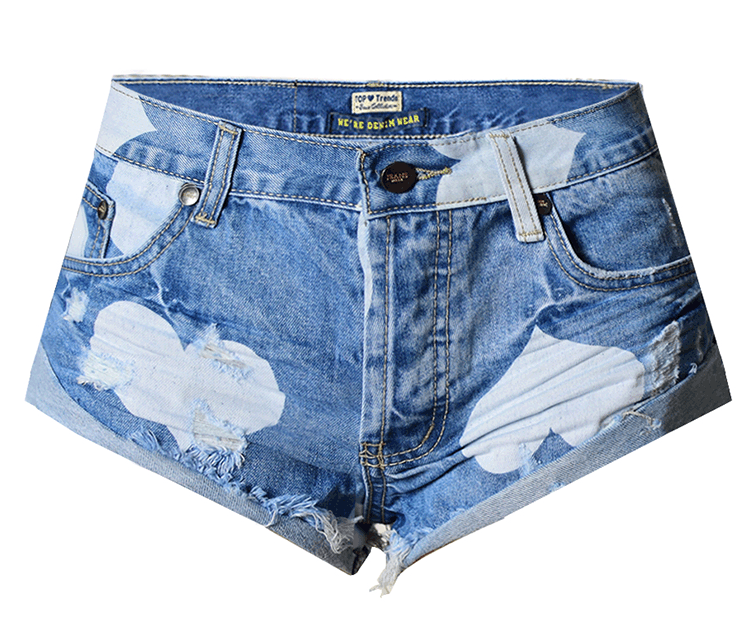 Women All Match Mid Waist Heart Shaped Printed Washed Worn Crumpled Tassel Curling Denim Pants Shorts