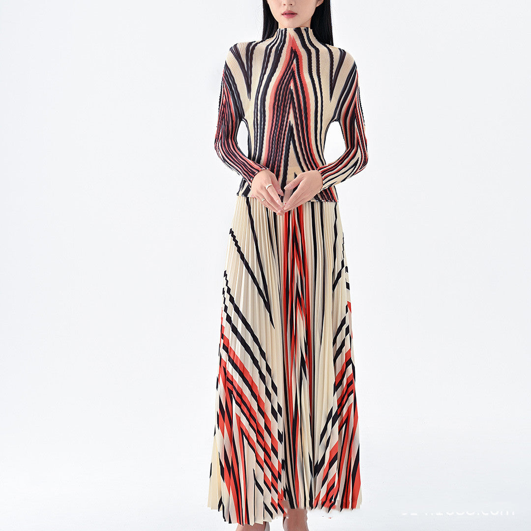 Autumn New Striped Printed Top Pleated Skirt Suit