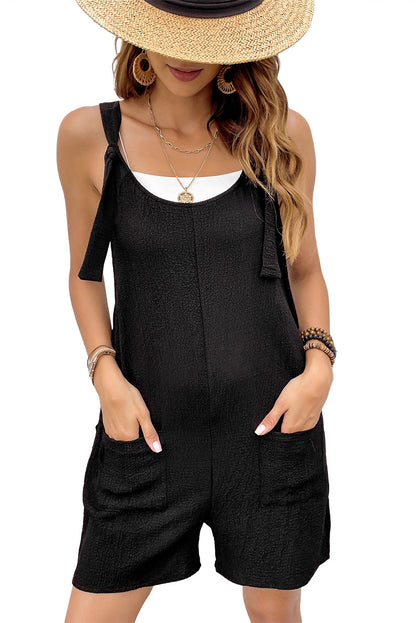 Black Adjustable Straps Pocketed Textured Romper