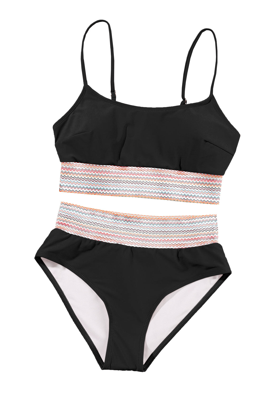 Maillot de bain bikini taille haute à rayures noires et bretelles spaghetti