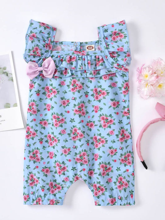 Baby Girl Printed Bow Detail Square Neck Romper