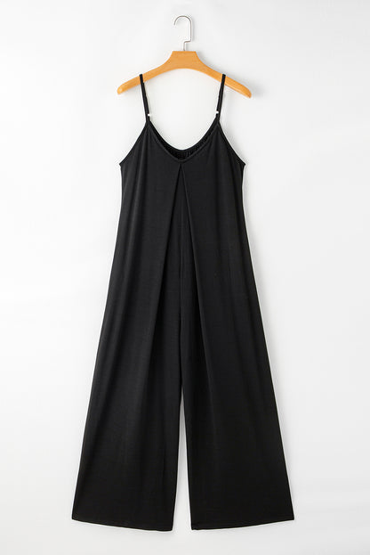 Black Adjustable Knotted Spaghetti Straps Wide Leg Jumpsuit