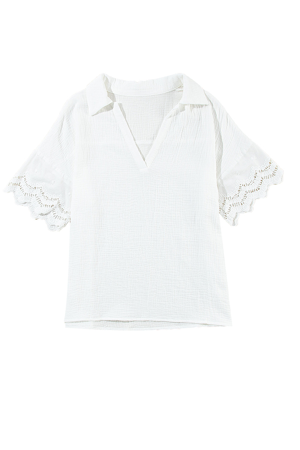 Blusa con cuello en V y manga empalmada de encaje arrugado blanca