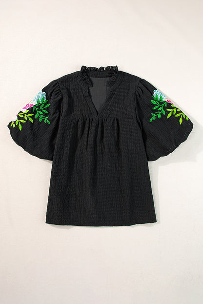 Black Floral Embroidered Puff Sleeve Notched Neck Blouse