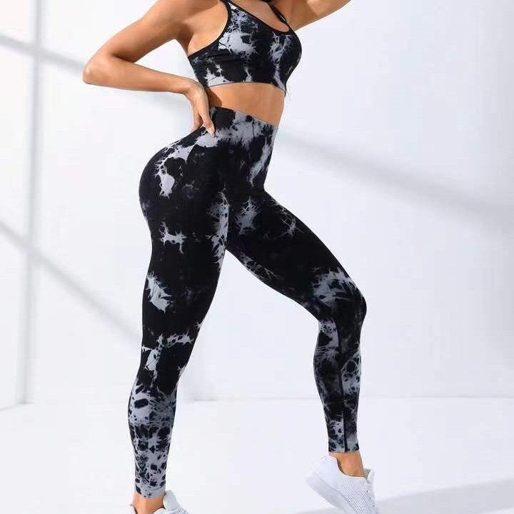 Costume de pantalon de soutien-gorge de sport de vêtements de Yoga de teinture par nouage sans couture européens et américains