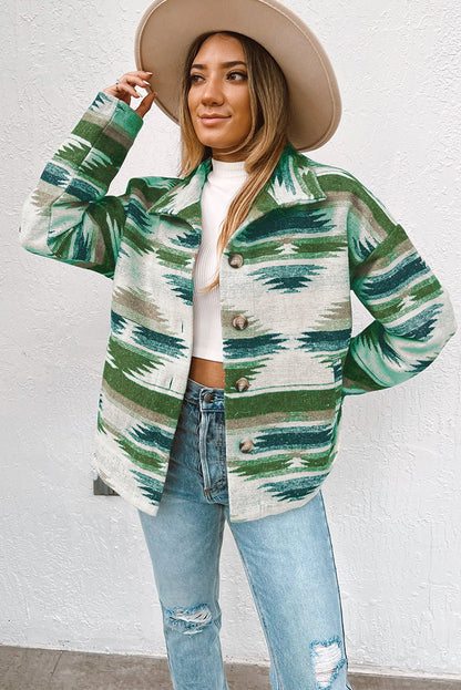 Blackish Green Aztec Print Button Up Long Sleeve Jacket