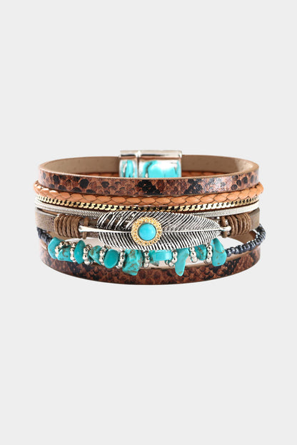 Bracelet en cuir multicouche marron vintage turquoise 