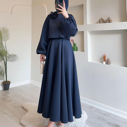 Robe ample à manches lanternes et fleurs, ensemble deux pièces pour femmes