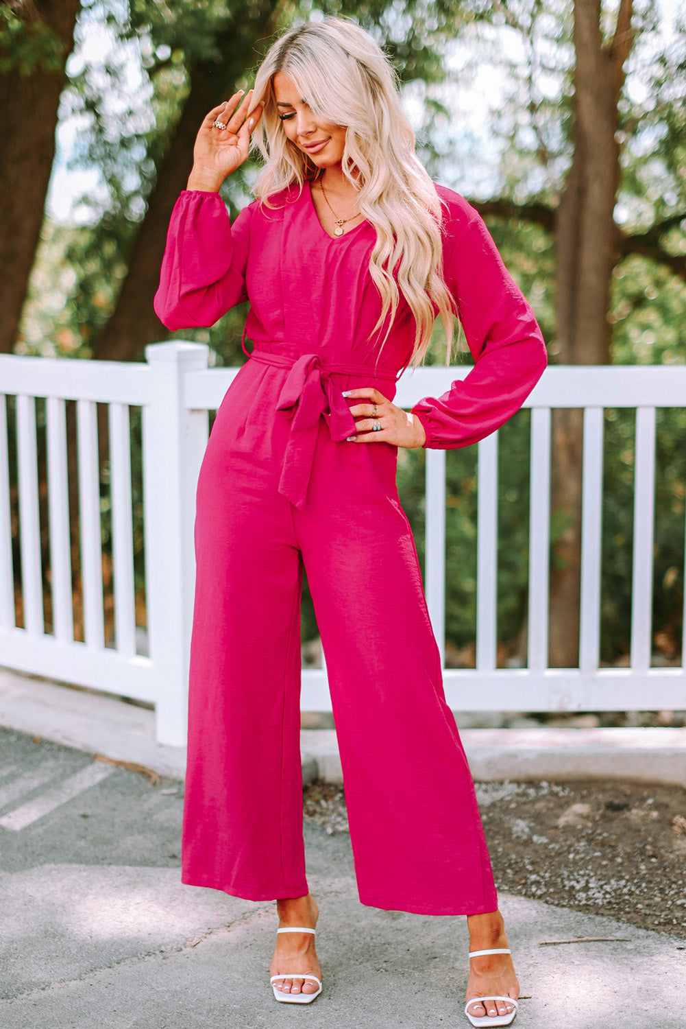 Belted V-Neck Wide Leg Jumpsuit