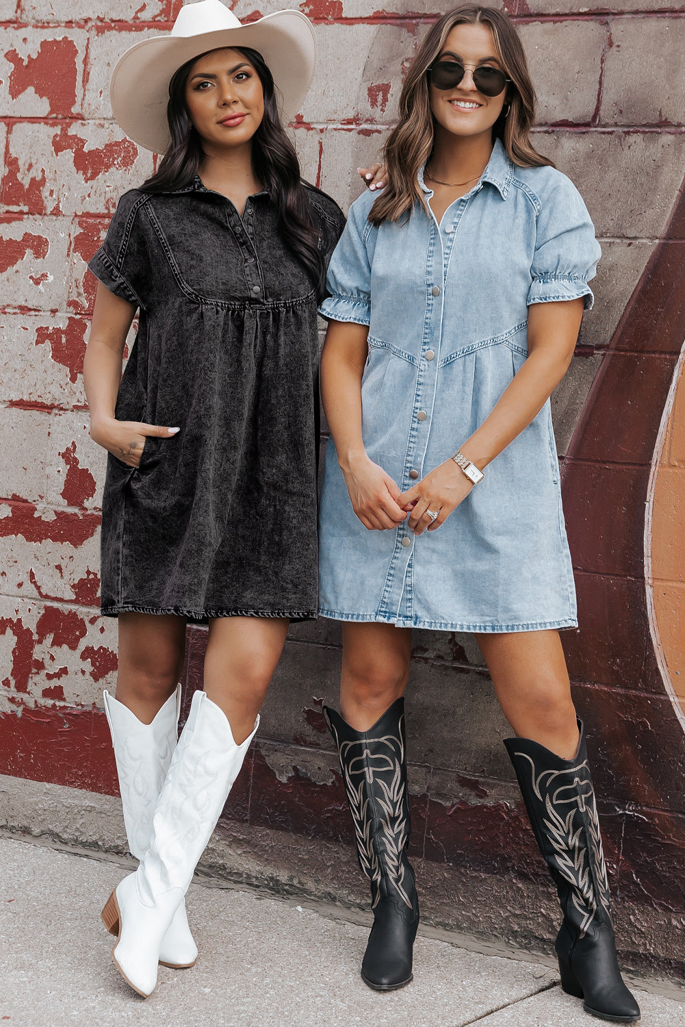 Black Acid Wash Button Front Collared Short Sleeve Denim Dress