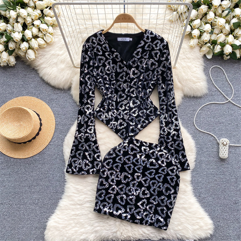 Women's Fashion Love Sequins Flared Sleeve Top Peplum Wrap Hip Half-body Skirt Two Piece Set