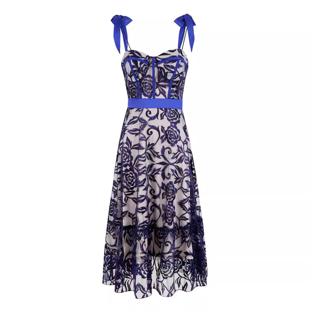 Blue Embroidered Printed Sling Backless Long Women's Dress