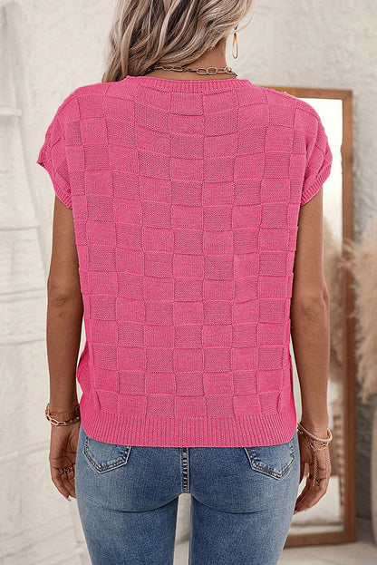 Pull à manches courtes en tricot texturé en treillis rose poussiéreux