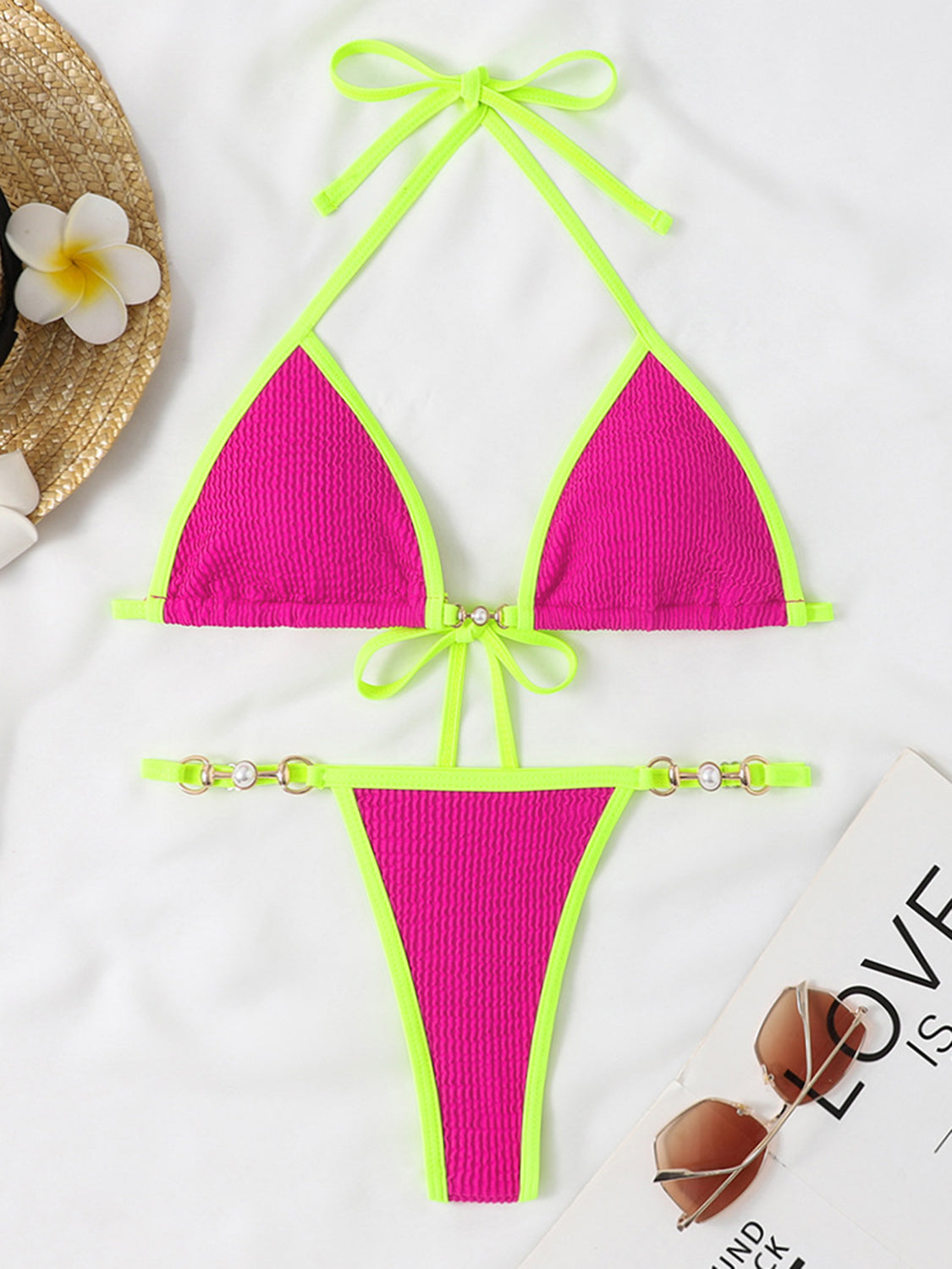 Conjunto de bikini de dos piezas con cuello halter en contraste texturizado