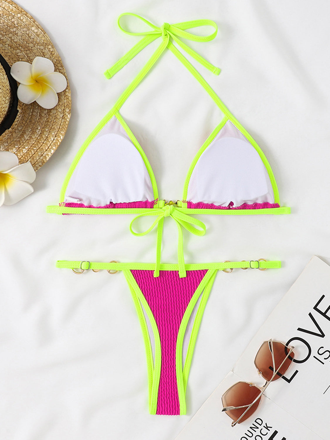 Conjunto de bikini de dos piezas con cuello halter en contraste texturizado