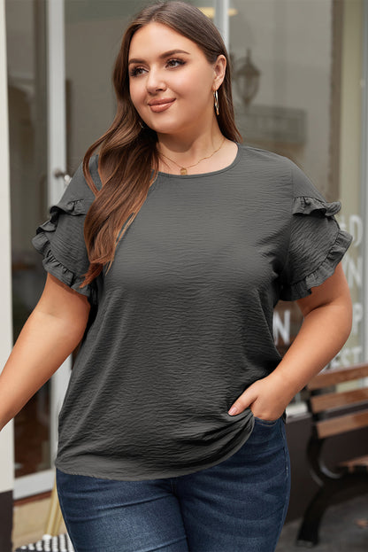 Black Ruffled Short Sleeve Plus Size Top