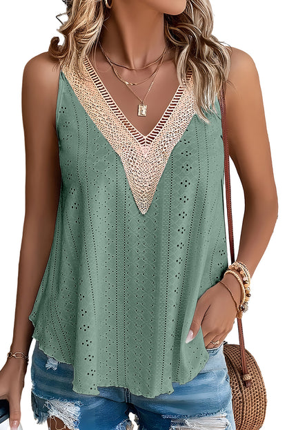 Apricot Pink Lace Crochet Splicing V Neck Loose Fit Tank Top