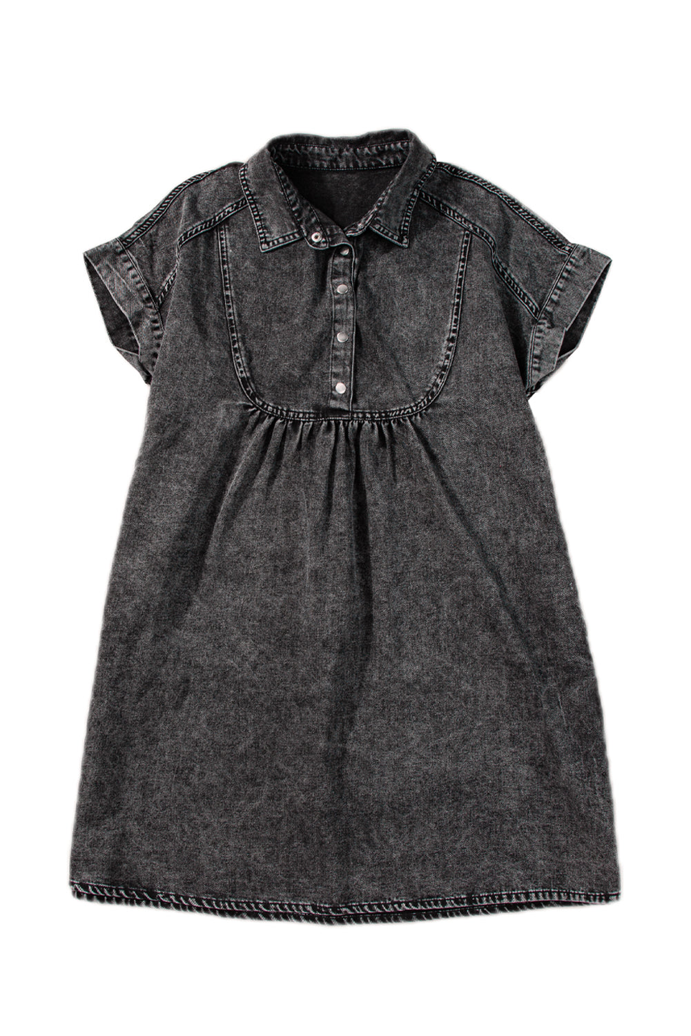 Black Acid Wash Button Front Collared Short Sleeve Denim Dress