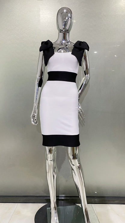 Black And White Color Matching Sleeveless Bow Shoulder Dress