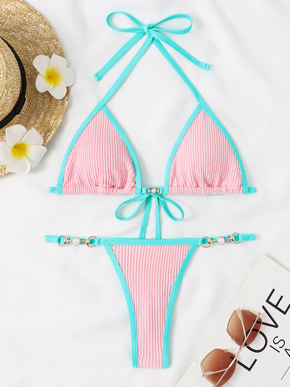 Conjunto de bikini de dos piezas con cuello halter en contraste texturizado