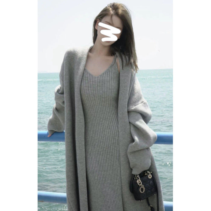 Women's Sling Knitted Dress Sweater Cardigan Night Skirt Suit