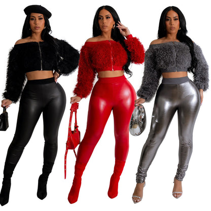 Women's Fashion Off-shoulder Long Sleeve Slim-fit Trousers Two-piece Set