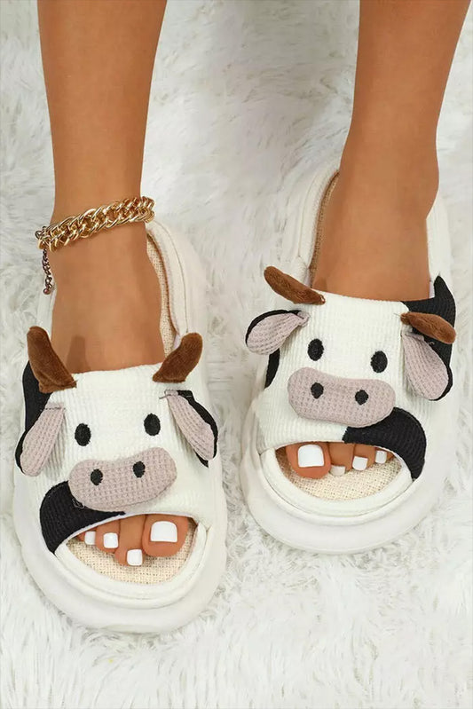 Pantuflas con punta abierta y estampado de vaca lindo blanco