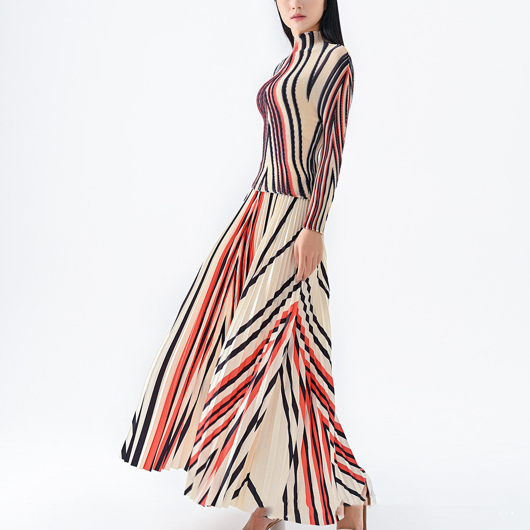 Autumn New Striped Printed Top Pleated Skirt Suit