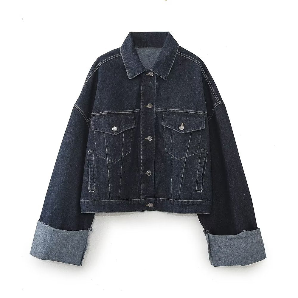 Women's New Lapel Denim Jacket Coat Speaker Cuffed Pants Suit