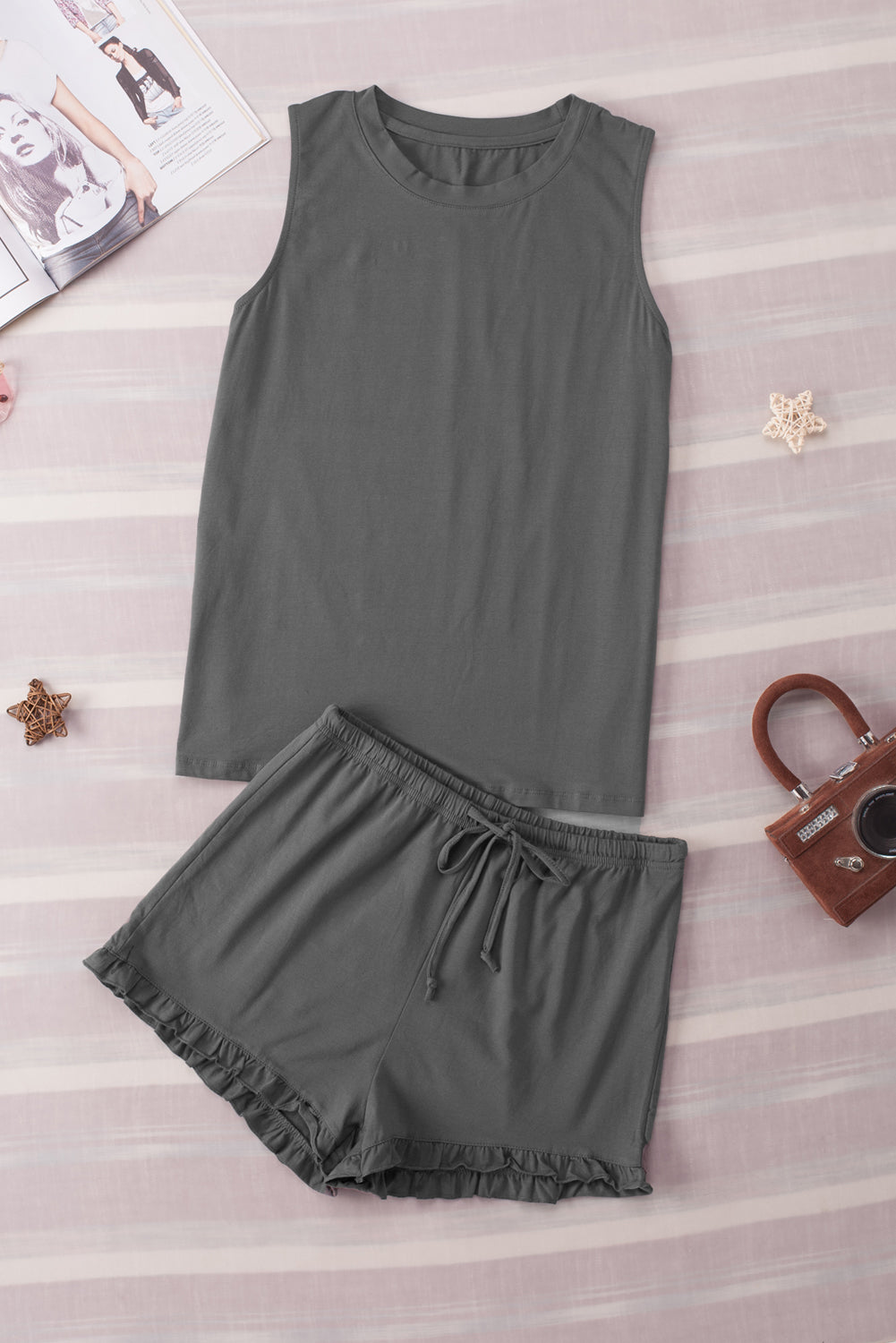 Dark Gray Crew Neck Tank and Drawstring Ruffled Shorts Lounge Set