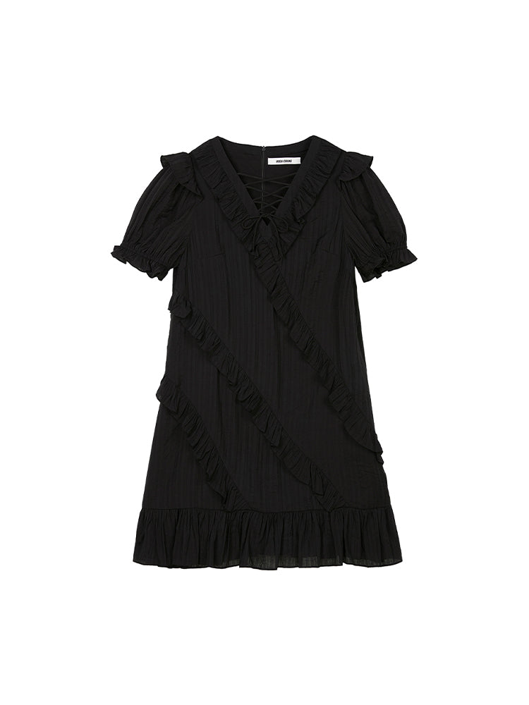 Design Sense Cross-tie Ruffled Little Black Dress