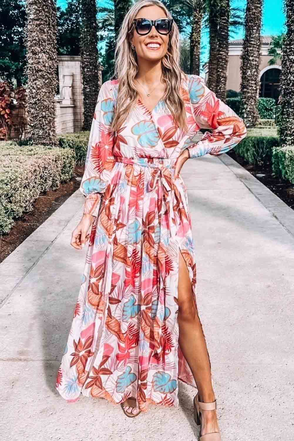 Tropical Plant Print Long Sleeve Wrap V-Neck Slit Maxi Dress