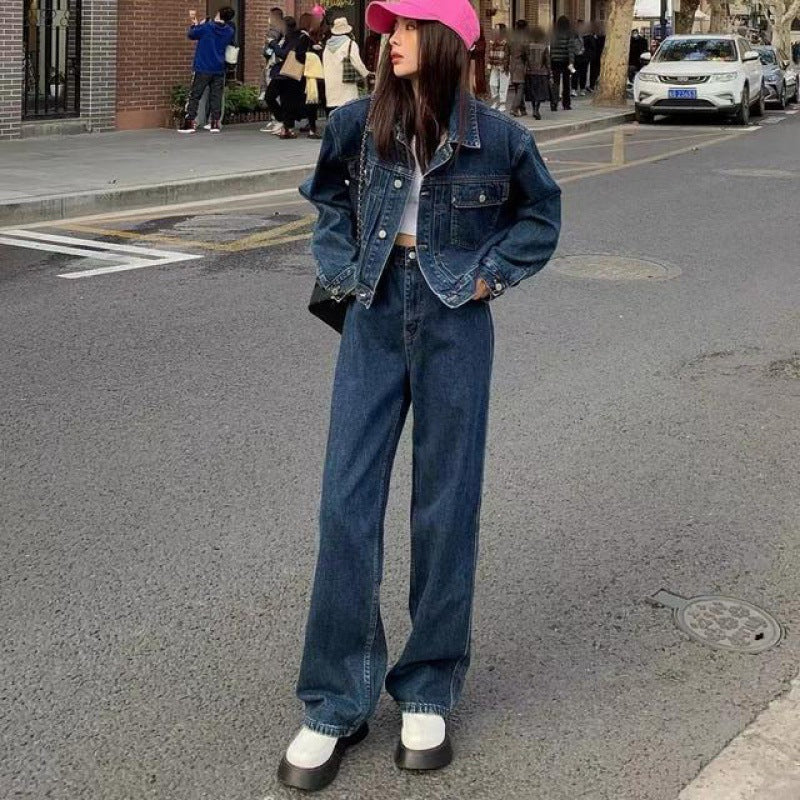 Ensemble deux pièces en jean droit et jambe large taille haute